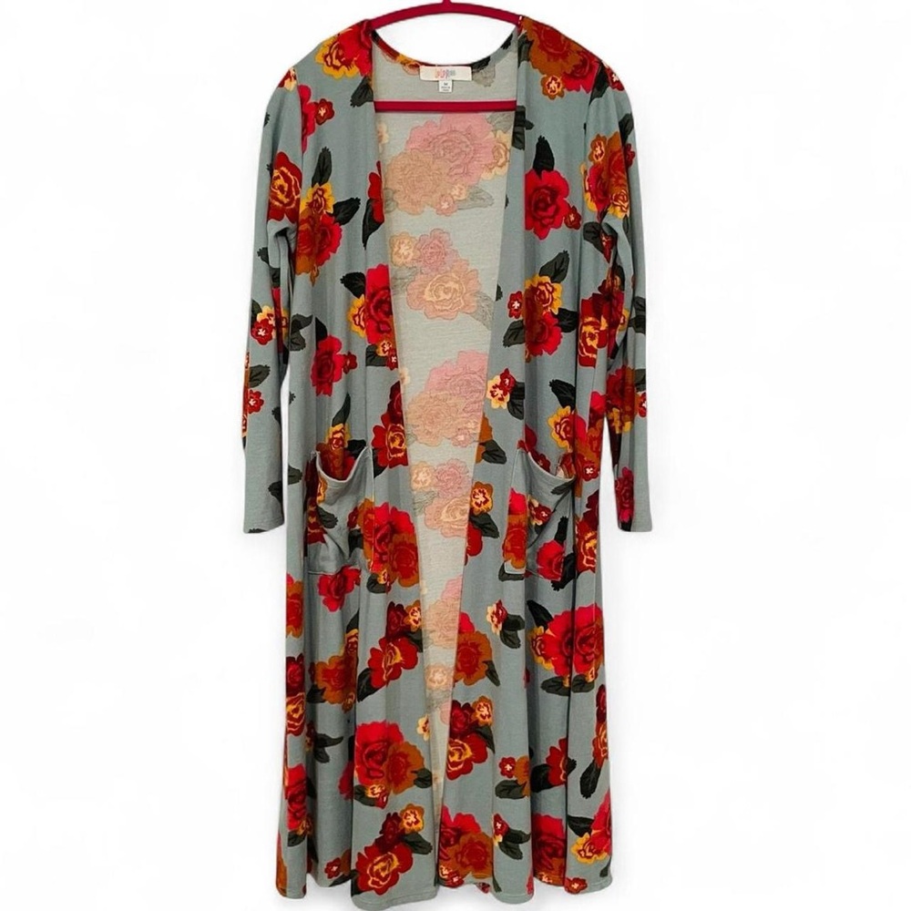 Size: M l LuLaRoe "Sarah" Floral Open Cardigan Long Duster l Orange+Red+Sky Blue